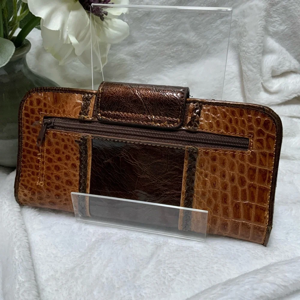 Brown Crocodile Embossed Clutch with Gold Accent